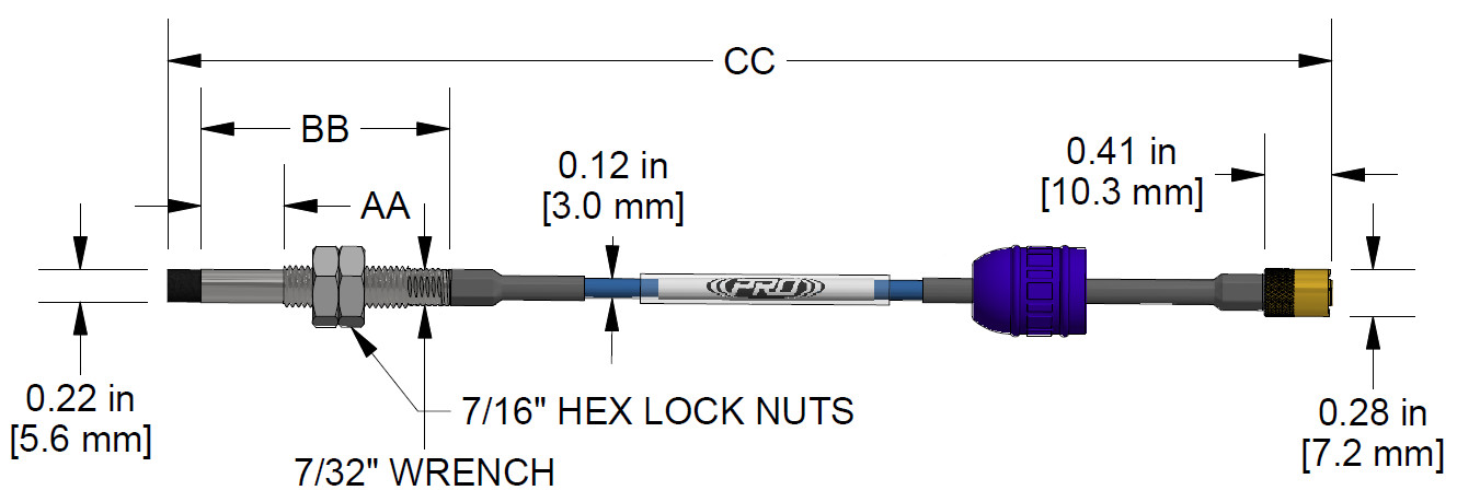 A dimension drawing of a Standard Mount CTC PRO Line Hazardous-Area Approved DP1009 proximity probe.